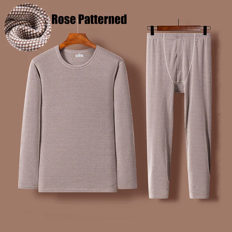 أطقم ملابس داخلية حرارية للرجال منقوشة بالورود تحافظ على الدفء مبطنة بالصوف ورقبة دائرية وأكمام طويلة بيجامات حرارية لخريف وشتاء