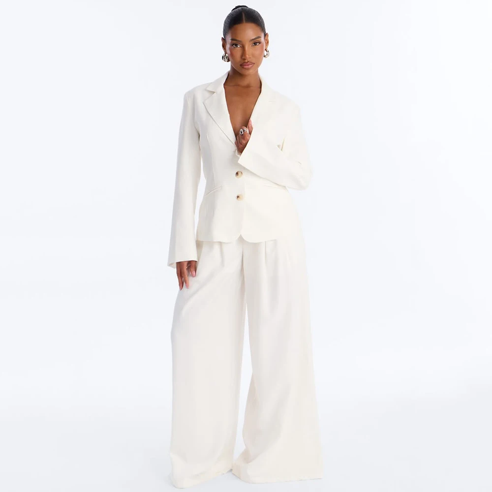 Classic Women White Single Breasted Suit Elegant Notched Lapel 2 Piece Jacket Pants Set Timeless Office Lady Formal Party Outfit