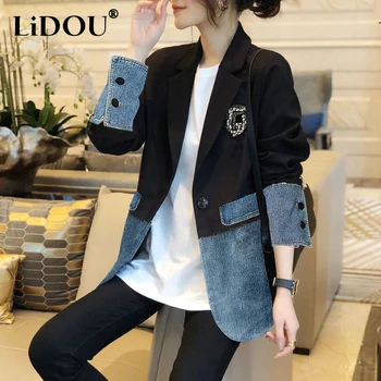 Autunno Inverno Moda Casual Denim Patchwork Blazer Donna Harajuku Y2K Ricamo Cappotto tutto-fiammifero Giacca da donna Outwear Top