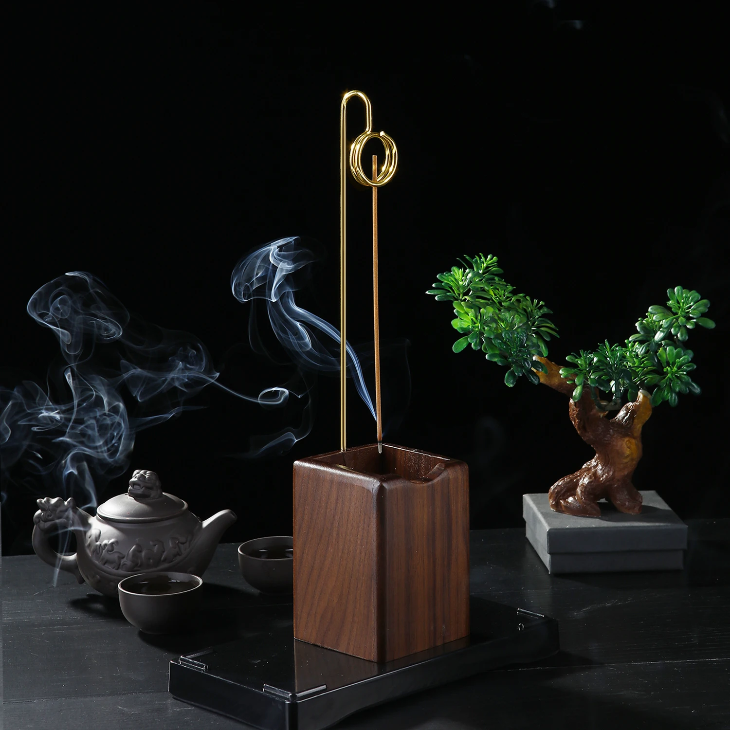 Natural Walnut Incense Burner Upside Down Metal Incense Holder for Incense Stick Wooden Incense Plate Ash Catcher Home Decor