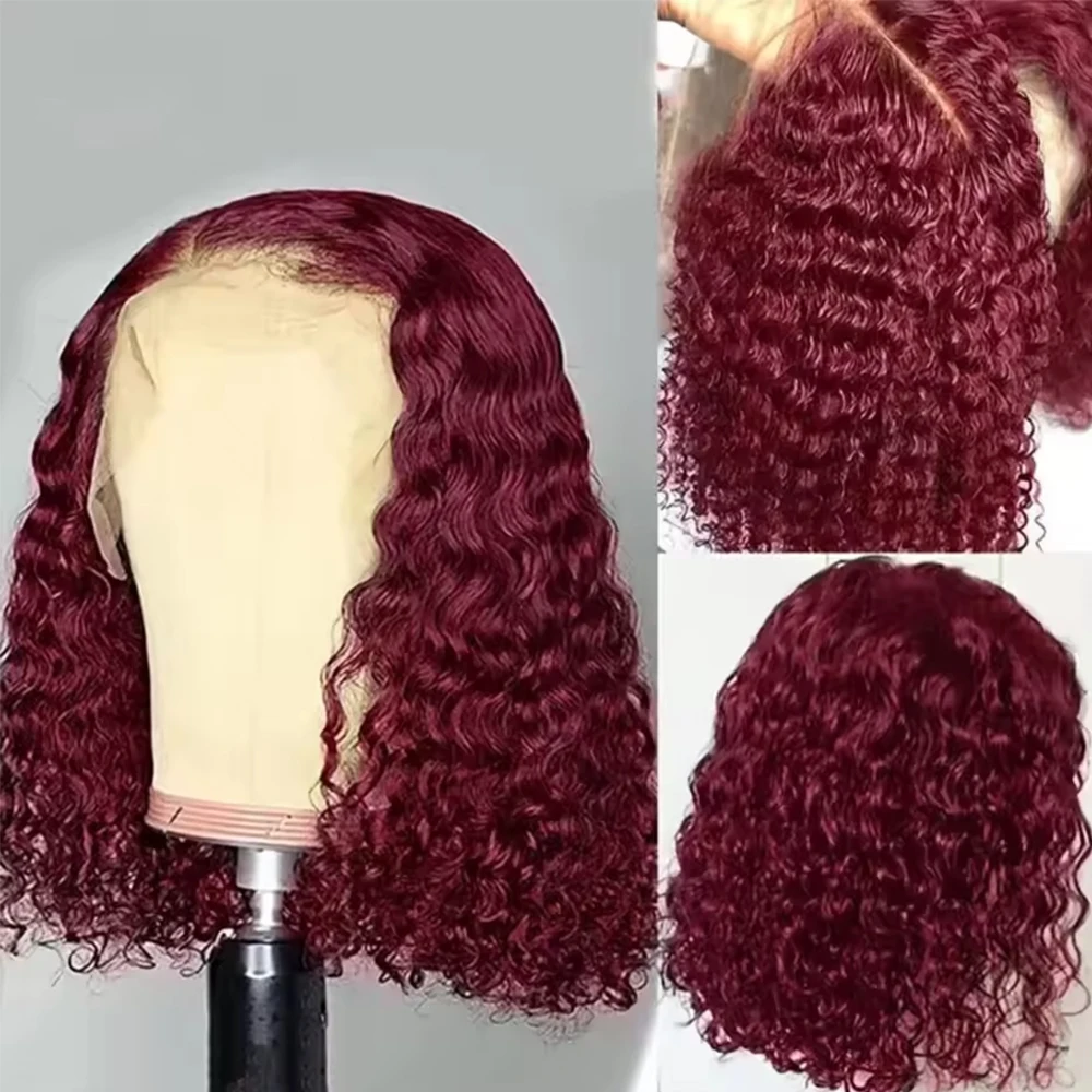 100% Human Hair Wig 99j Burgundy Water Wave Bob Wigs Human Hair Wine Red Curly 13x4 Lace Frontal Wigs For Women 180%