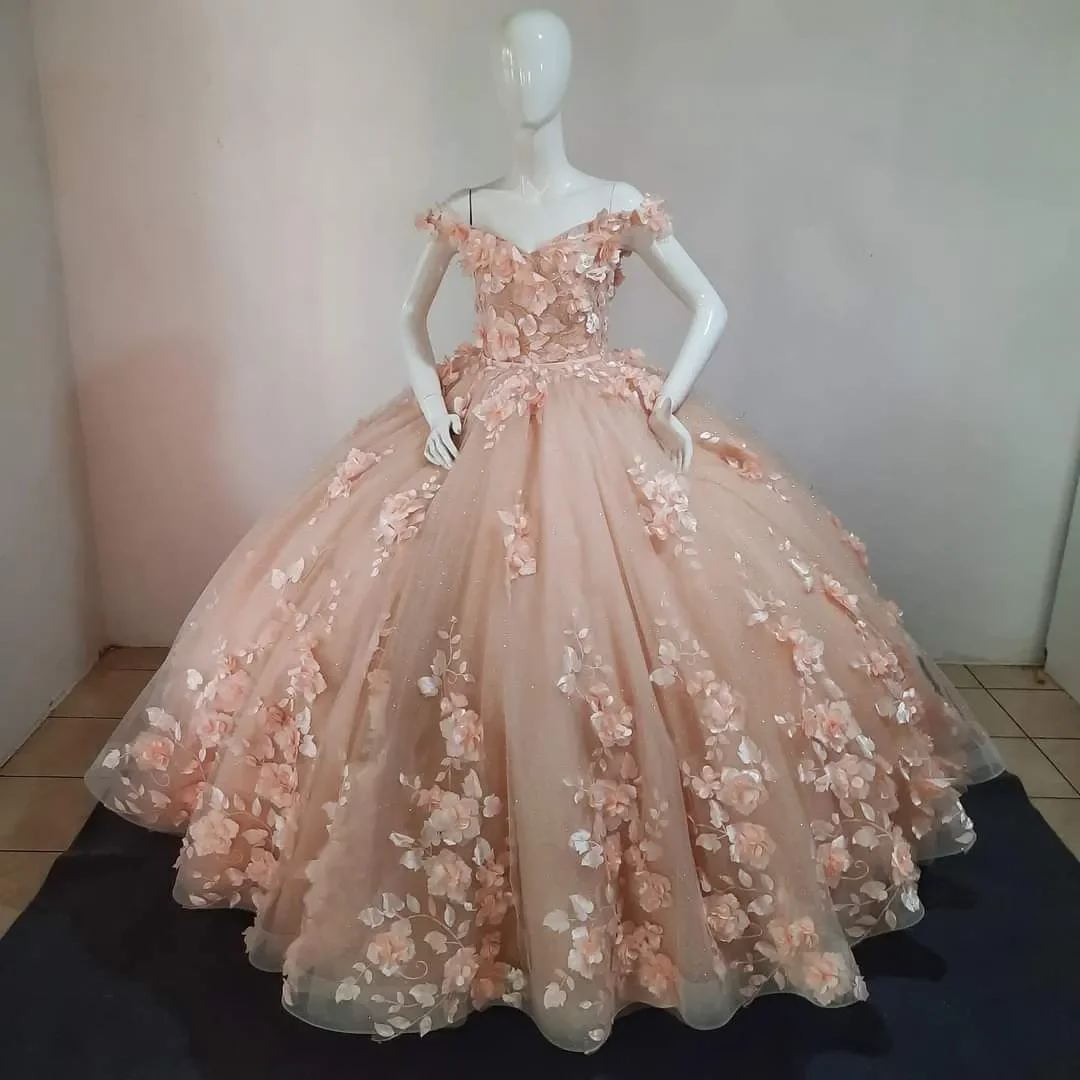 Gaun Coral Quinceanera kustom gaun pesta bahu terbuka Applique bunga 3D gaun pesta gaun Prom Formal manis 15 16 tahun anak perempuan