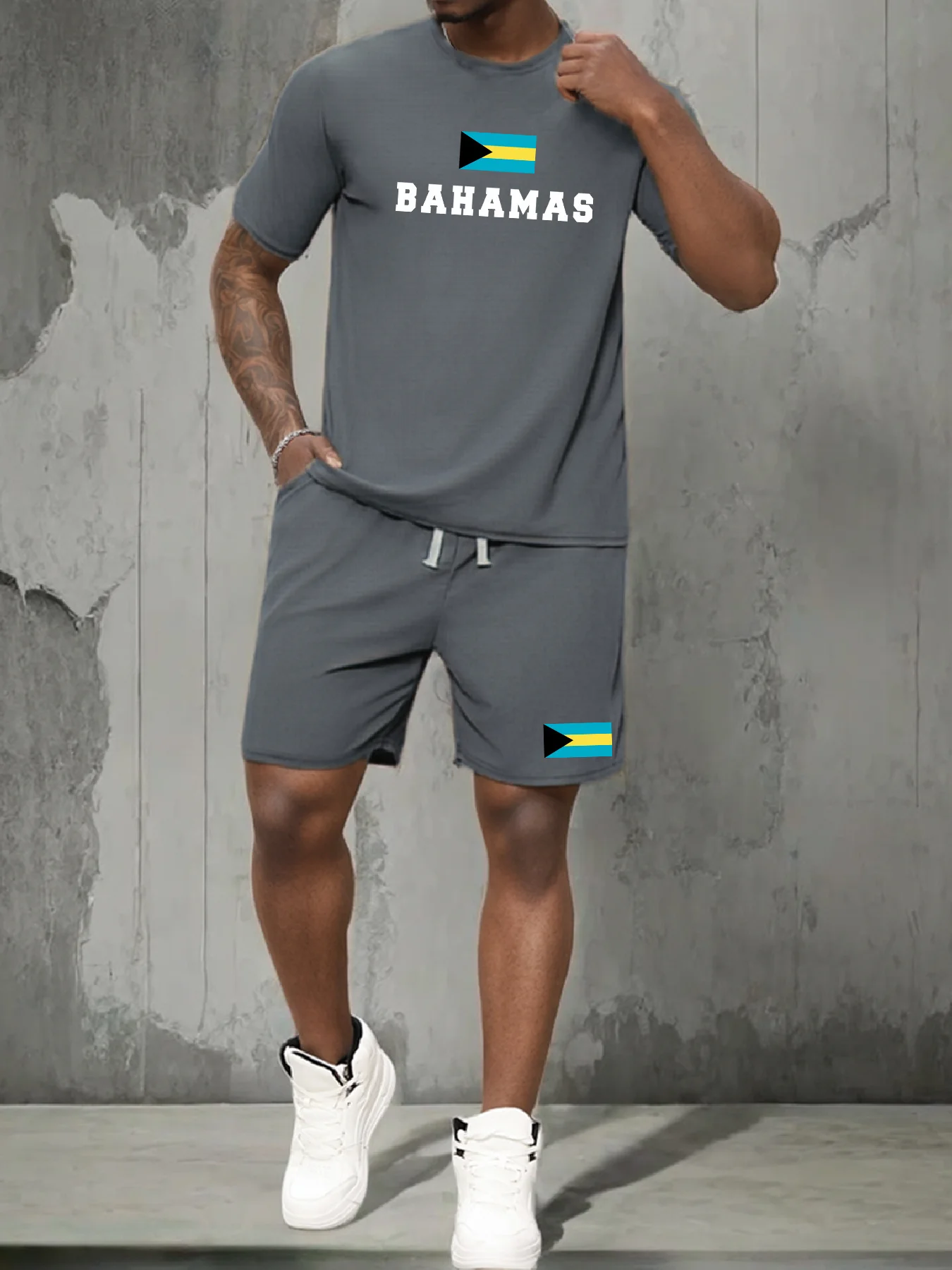 2024 New Summer Men's T-shirt Two-piece Bahamas Flag Monogram Print Simple Style Casual Outdoor Sportswear For Men