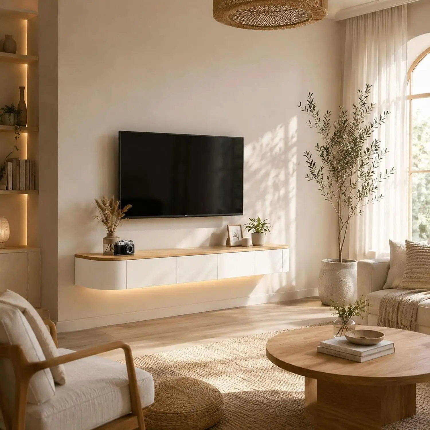 Wall Mounted Floating TV Stand with Storage & Cable Holes Modern Media Console Solid Wood for Living Room Bedroom, Customized