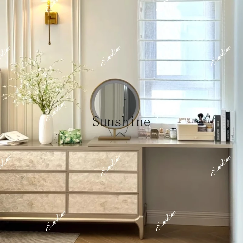 American retro light luxury shell dresser bedroom bedside table makeup table integrated solid wood storage  FT