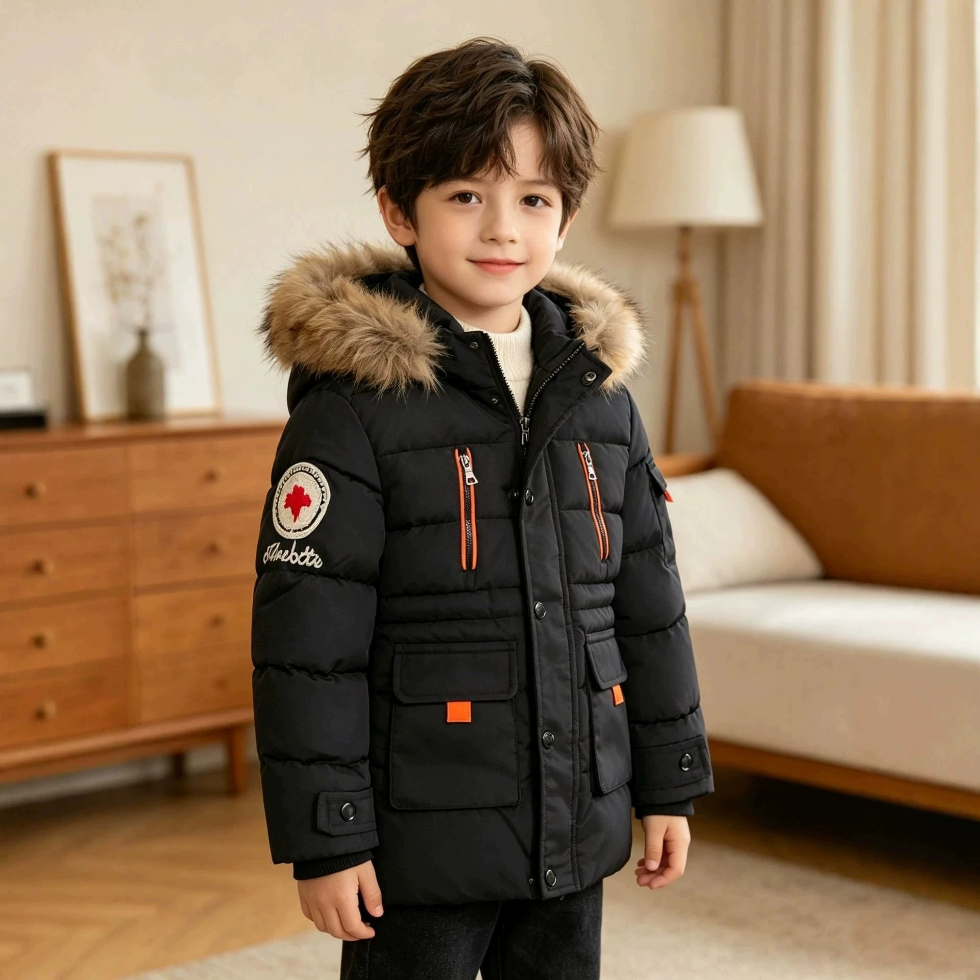 Winter Thick Keep Warm Boys Jacket Large Fur Collar Five-pointed Star Pattern Hooded heavy Coat For Kids Children Windbreaker