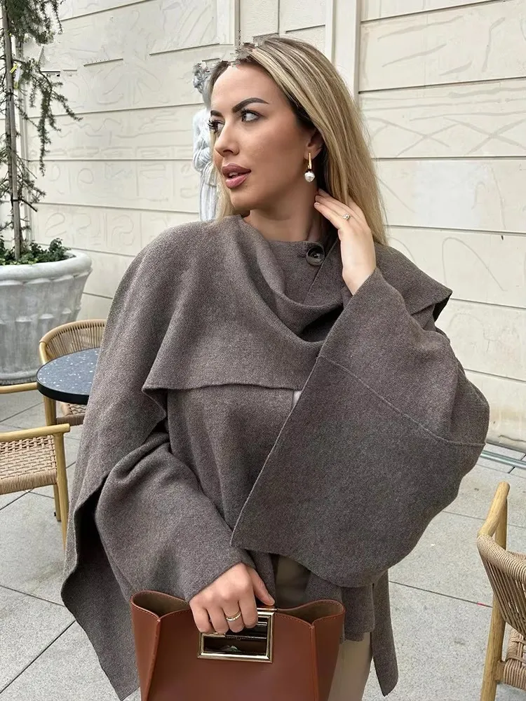 Winter Autumn Elegant Shawls Cape Coat Women Fashion Asymmetric Long Sleeves Outerwear Female Chic O-neck Knitted Oversized Top