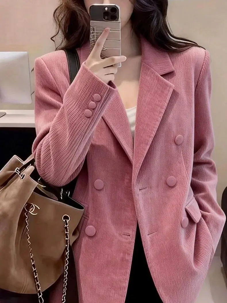 Light luxury double-breasted pink blazer women's 2026 spring new high-end temperament versatile fashion top