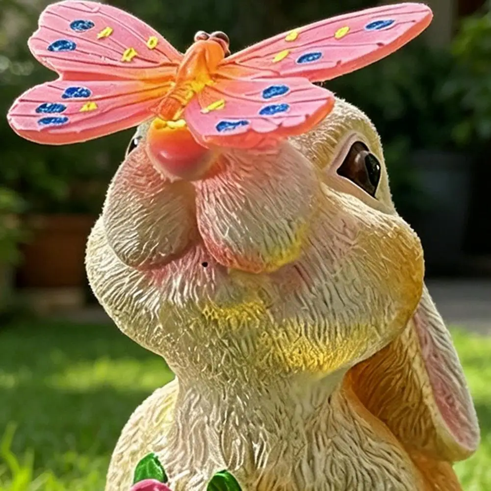 Bunny Ornament Bunny Garden Statue Resin Rabbit Figurine with Butterfly Waterproof Yard Art for Patio Balcony Lawn Housewarming