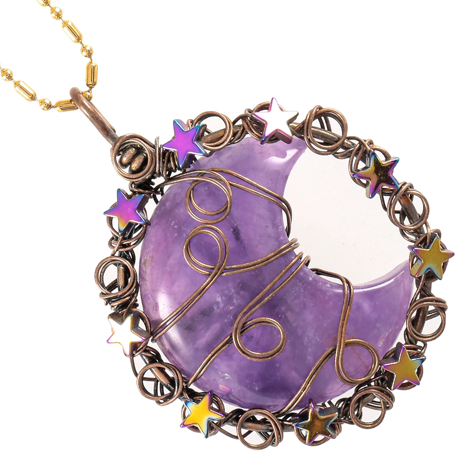 

Natural Crystal Stone Pendant Handmade Wire Wrapped Star Crescent Moon Shape For Making DIY Necklace Jewelry Accessories