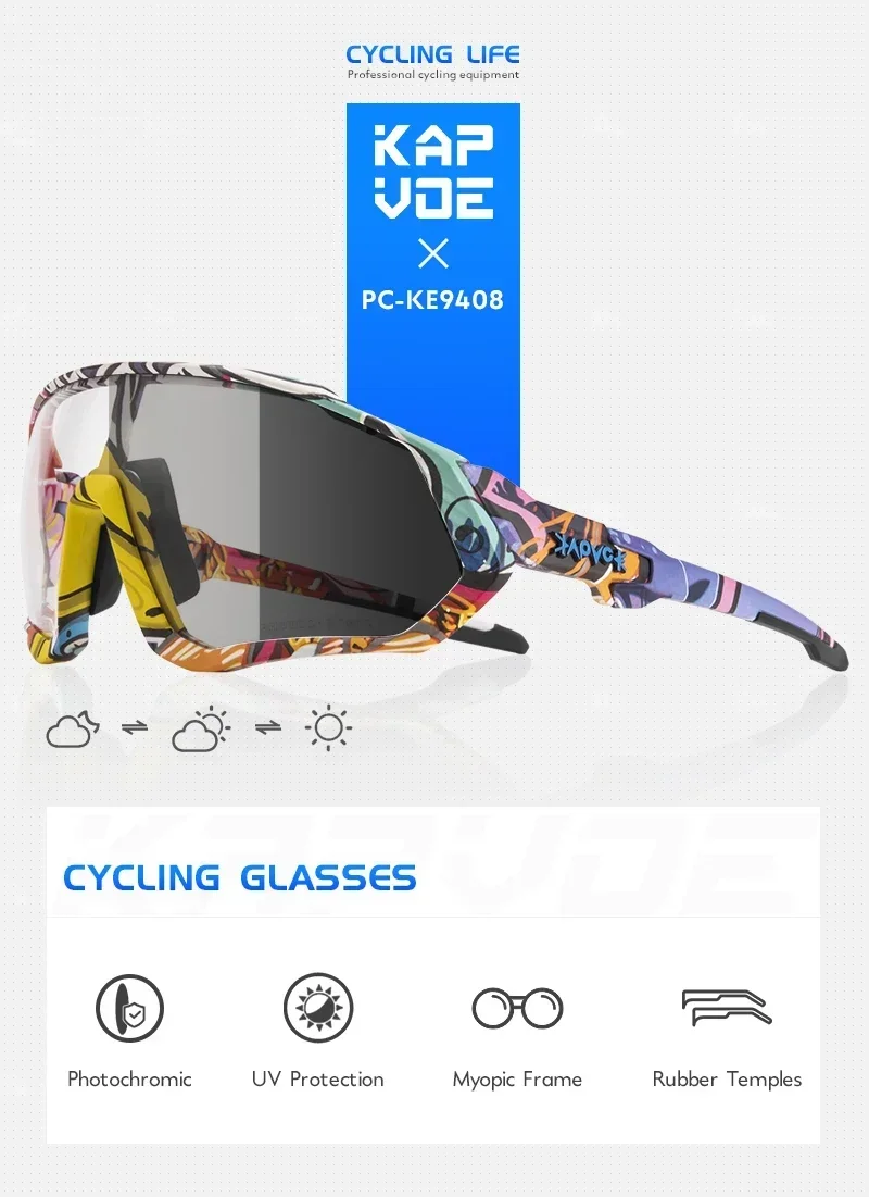 Kapvoe Photochrome Radsportbrillen für Männer und Frauen Straßen-MTB-Mountainbike-Fahrradbrillen Sportbrillen für Radfahren und Laufen – Detail 1