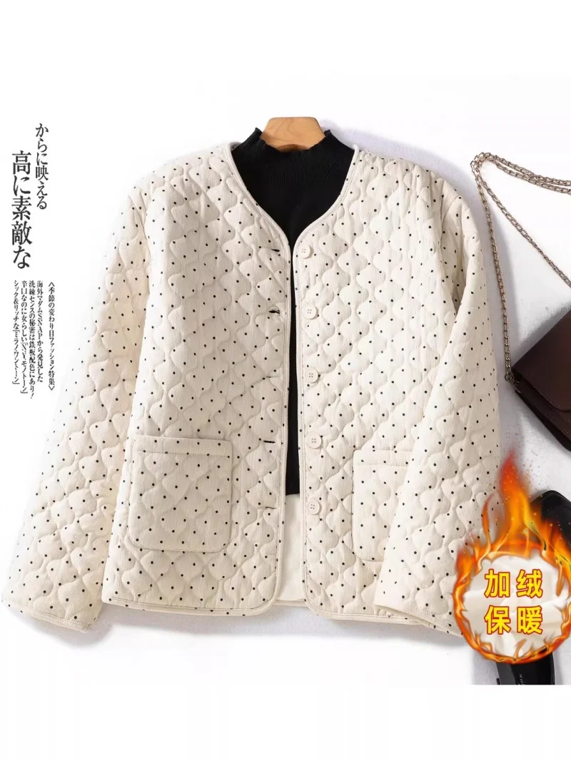 

Korean Women's Polka Dot Corduroy Jacket - Lightweight Fleece Coat, Contrast Color Round Neck Cotton Jacket for Spring Autumn W