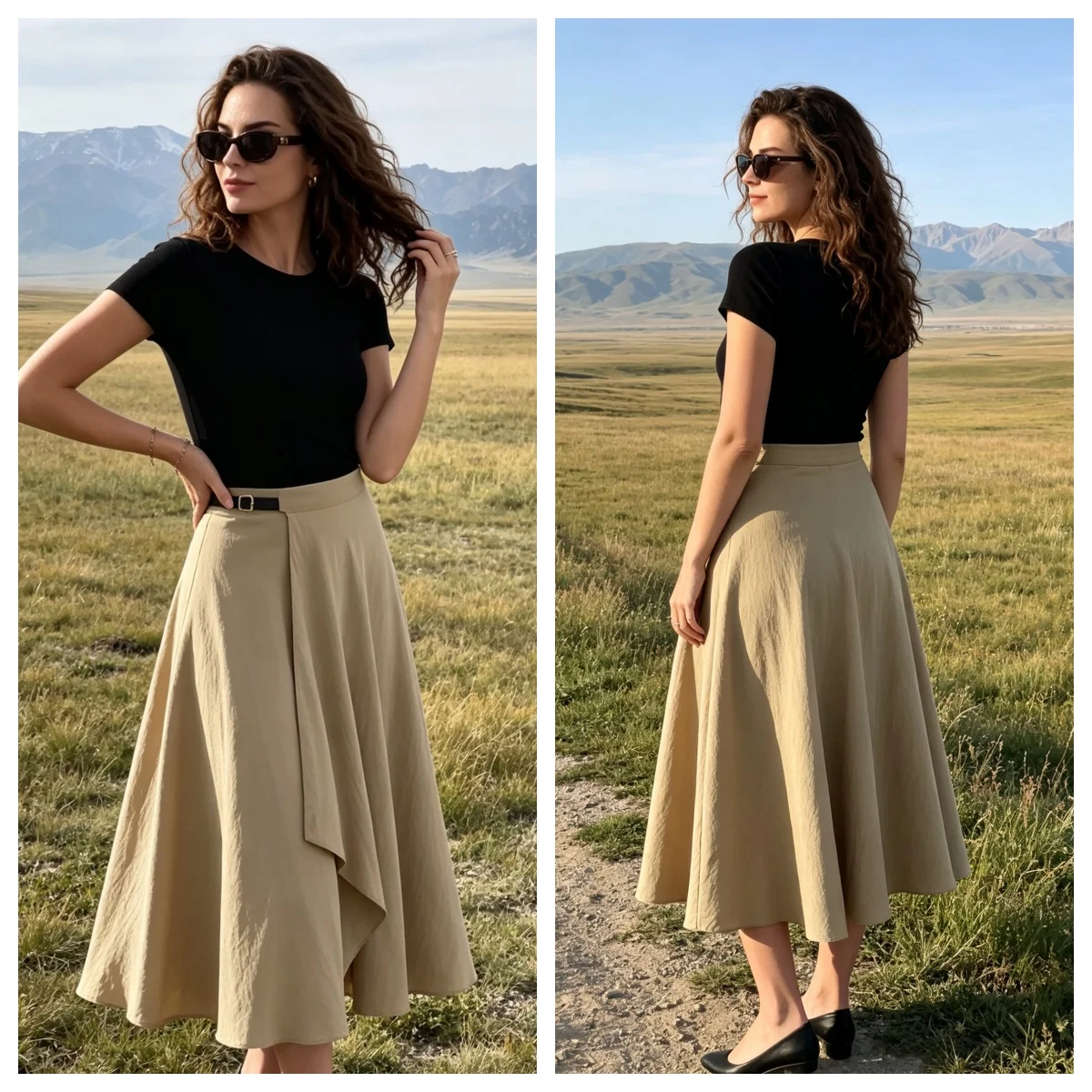 Guobioziy Women's Midi Skirt 2026 Early Autumn New Arrival - Fashionable Irregular Hem with Buckle Detail Midi Cloak Skirt