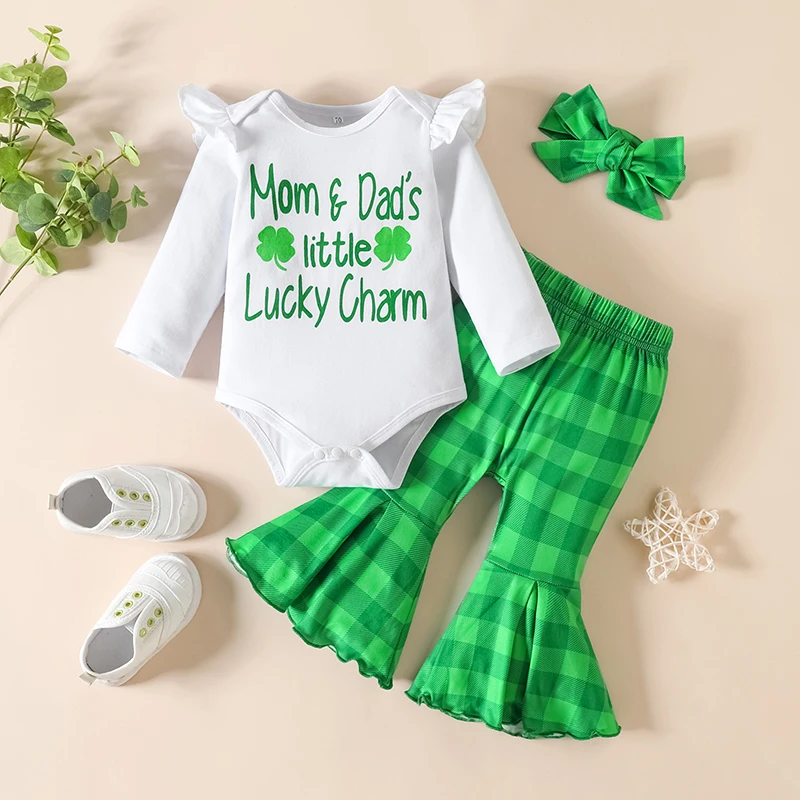 

Newborn Infant Baby Girl St Patricks Day Outfit Little Lucky Charm Romper and Flare Pants with Headband 3Pcs Set