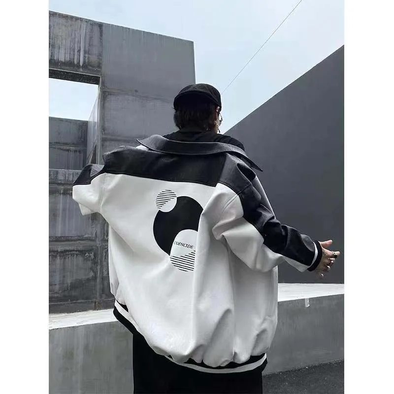 Autumn Europe And American High Street Tidal Cards Splicing Leather Jacket Men And Women Black White Stitching Hip Hop Battalion