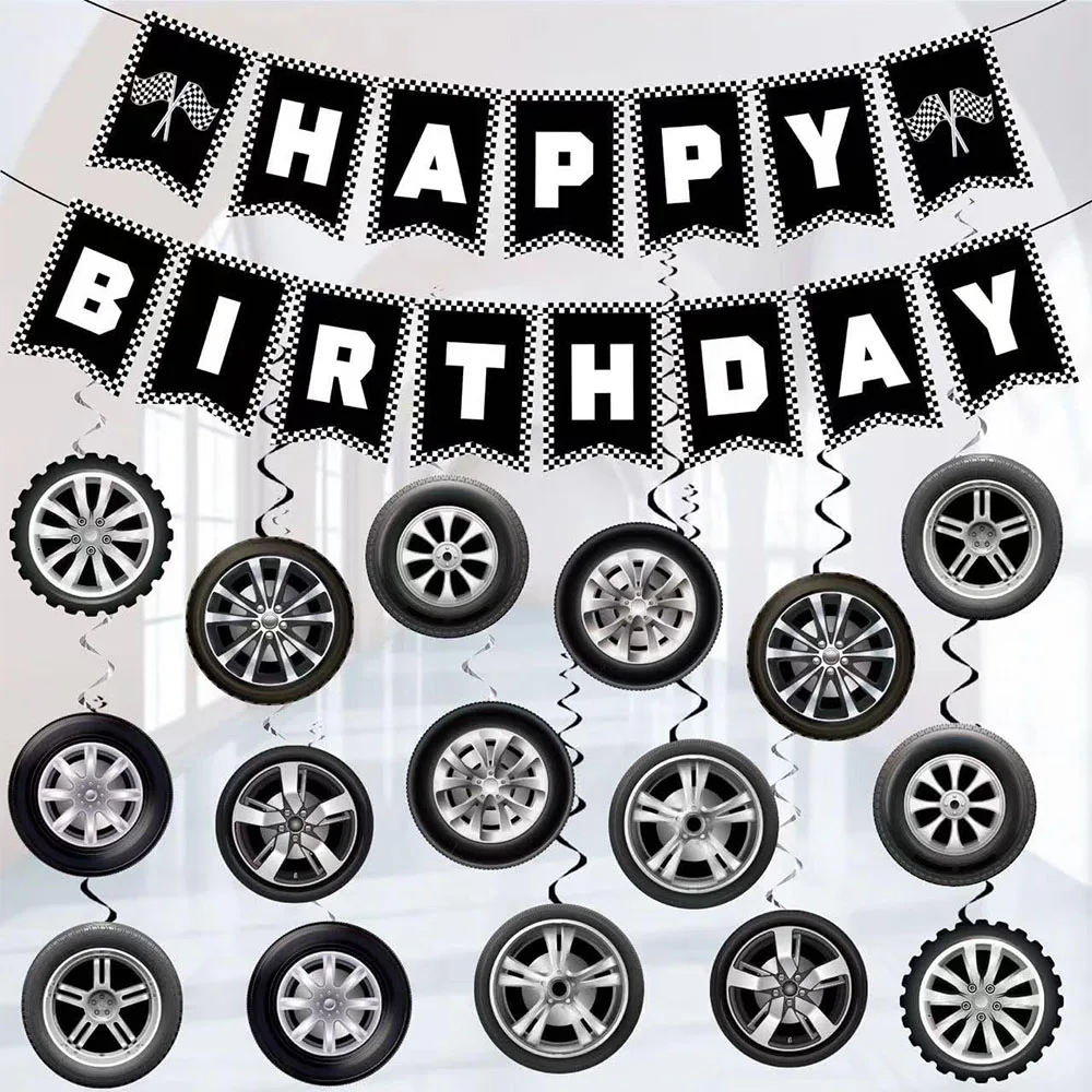 Decorazioni da appendere per feste in auto da corsa, pneumatici da appendere, ornamenti a spirale, da corsa, per banner di buon compleanno, per feste di compleanno