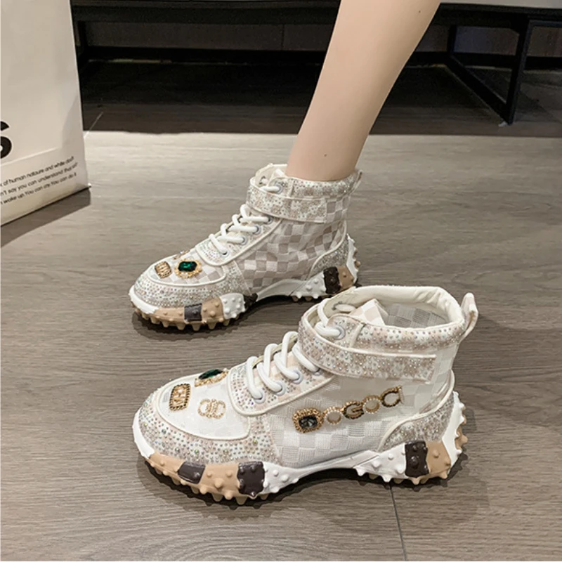 Women High Top Sneakers Printed Fashionable Rhinestone Boots for Lady Mesh Breathable Vulcanized Shoes High Quality Tennis Shoes