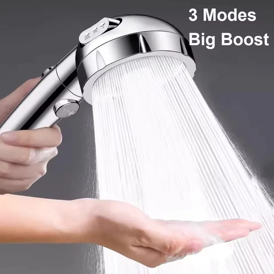 

3 Modes High Pressure Shower Head With Stop Button Silver Saving Water Sprayer Large Flow Rain Showerhead Bathroom Accessories