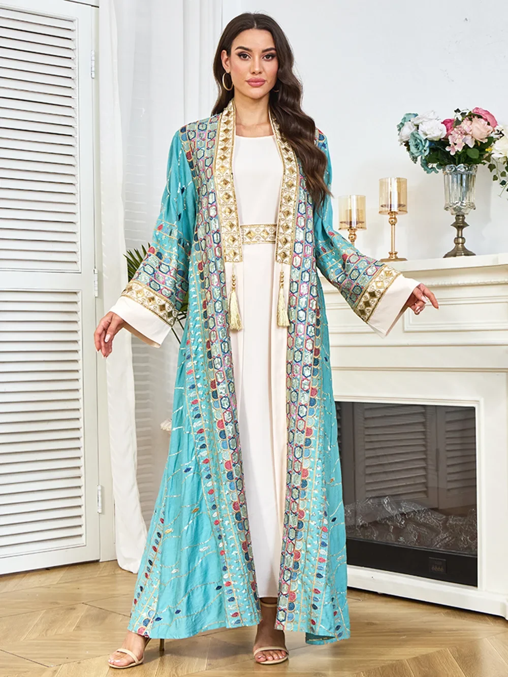 Eid Abaya femmes Robe musulmane Jalabiya paillettes 2 pièces ensemble à lacets robes Largos fête Ramadan robes longues caftan Robe 2025