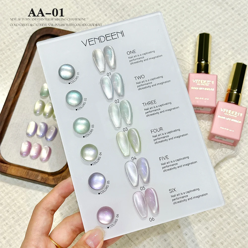 Vendeeni 6 Farben/Set Glitzer Kristall Cat Eye Gel Nagellack Magnetischer Maniküre Nagellack mit Farbkarte TPO/HEMA FREE