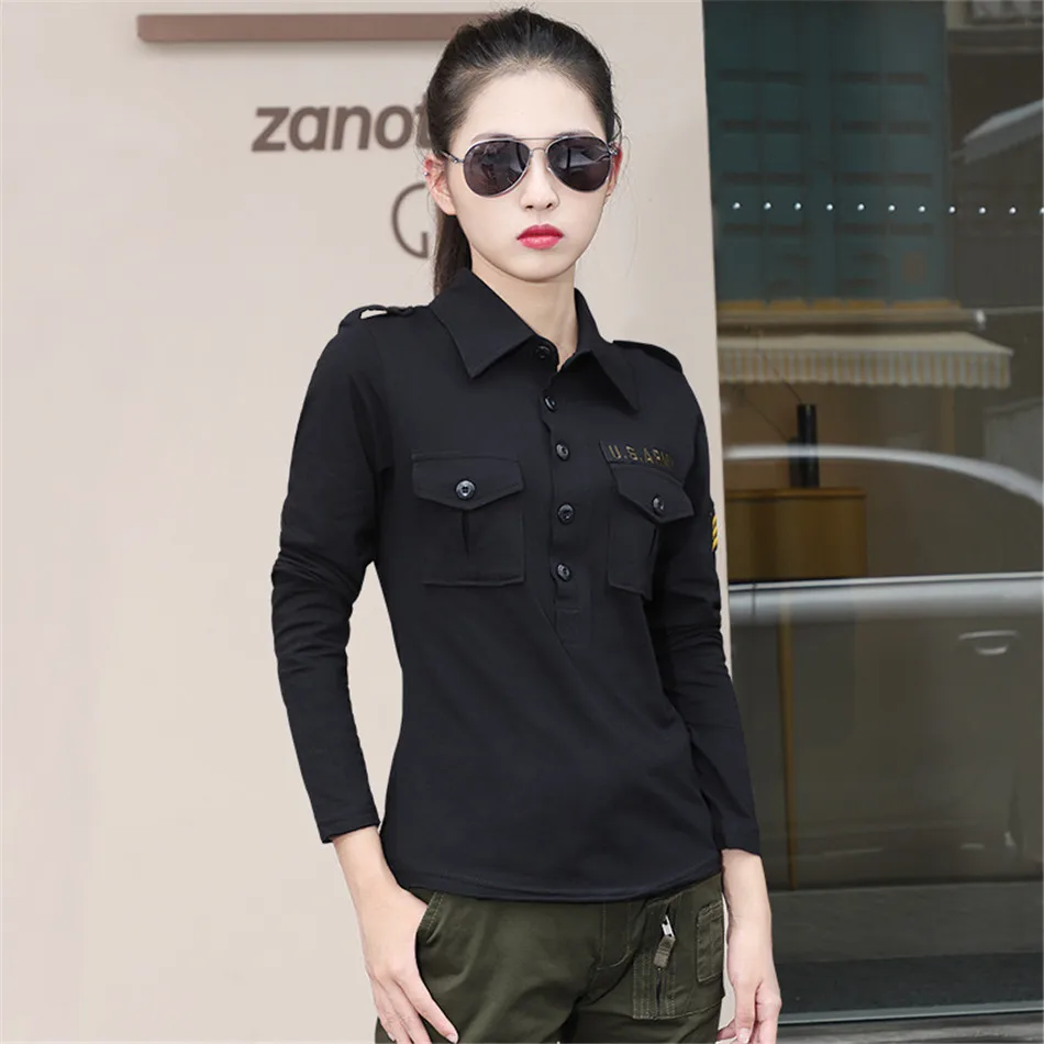 Camping Hiking Army Fans Cotton Long Sleeve T-Shirt Spring Summer Breathable Women Lapel Armygreen Military Training Uniform