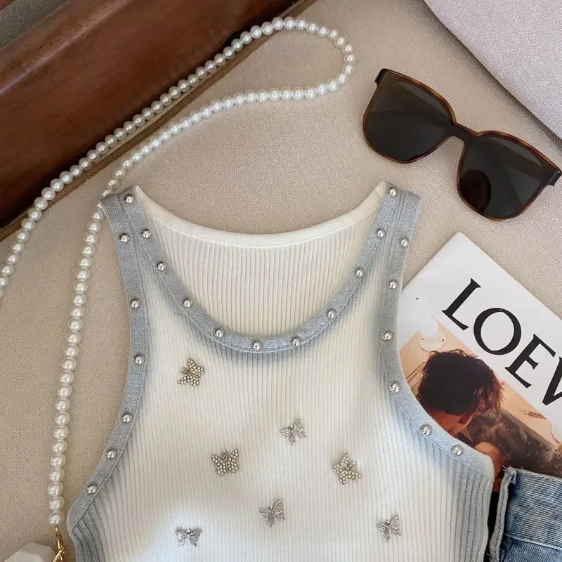 Neploe 2024 Summer New Knitted Vest for Women Fashion Sweet Butterfly Diamond Tank Top Y2k O-neck Sleeveless Tops Mujer