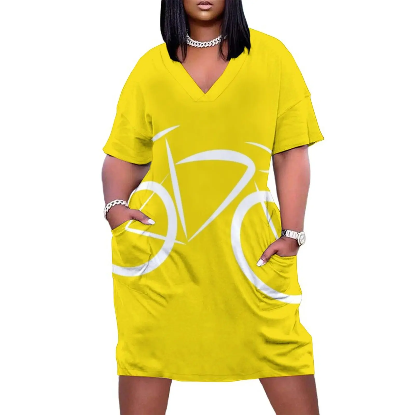 

Stylised Racing Bike White Yellow Loose Pocket Dress fairy dress Aesthetic clothing women"s clothing korea stylish