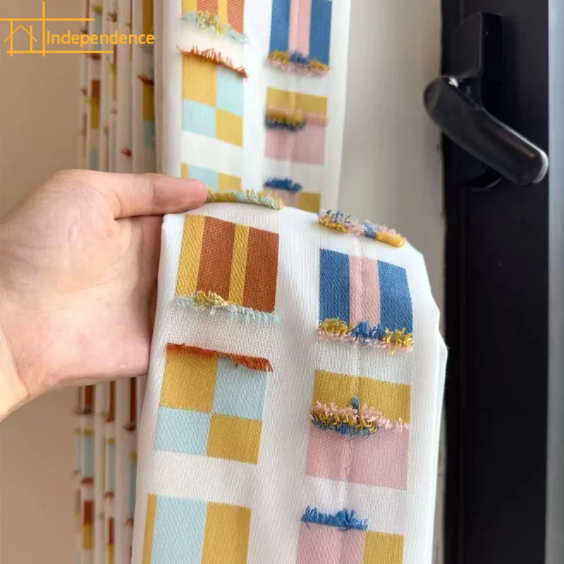 Children's Room Colorful Geometric Color Tassel Chenille Thickened Curtains for Living Room Bedroom French Window Customized