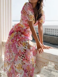 Nuovo Maxi vestito alla moda con maniche a sbuffo scavato, abito da sera con stampa Patchwork estivo da donna, abito da donna con volant stile spiaggia con scollo a v