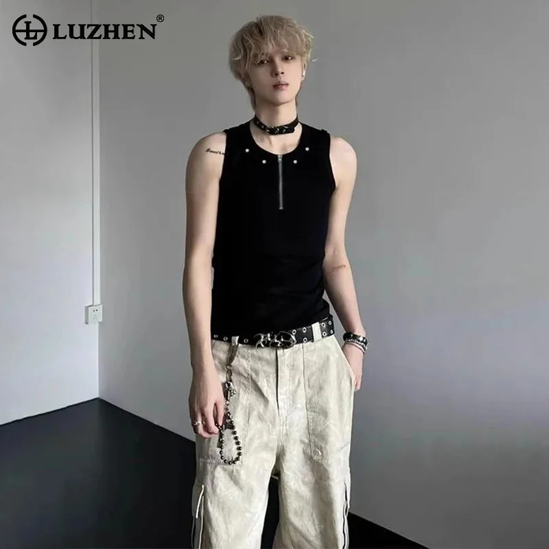 LUZHEN Zipper Rivet Metal Decorate Solid Color Street Wear Men's 2025 Summer Slim Sleeveless T-shirts Trendy Tank Tops JY2794