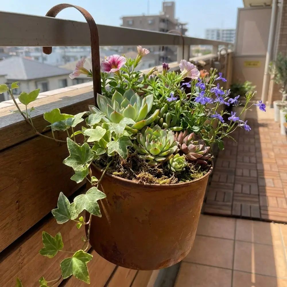 Handcrafted Wall Hanging Flower Bucket Antique Styles Unique Metal Plant Hangers Weather-Resistant Rusted Iron Hanging Flowerpot