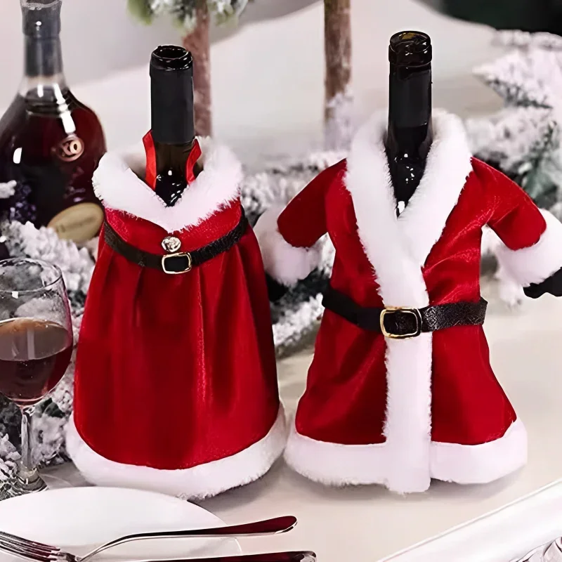 Christmas Wine Bottle Covers Set Red Velvet Dress Wine Bottle Bag Sleeve Santa Claus Costume Xmas New Years Dinner Table Decor