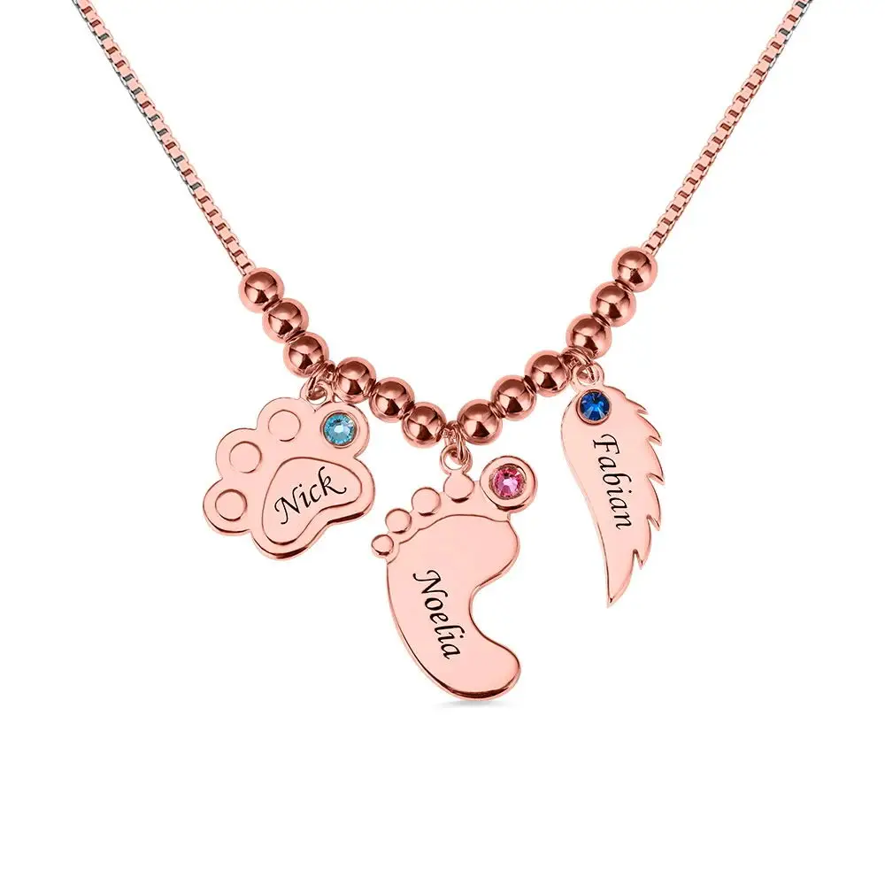 Imagem -03 - Colar de Prata Esterlina 925 Personalizado com Birthstone e Nome para Mulheres Pata Impressão Pés do Bebê Asa do Anjo Presente da Jóia