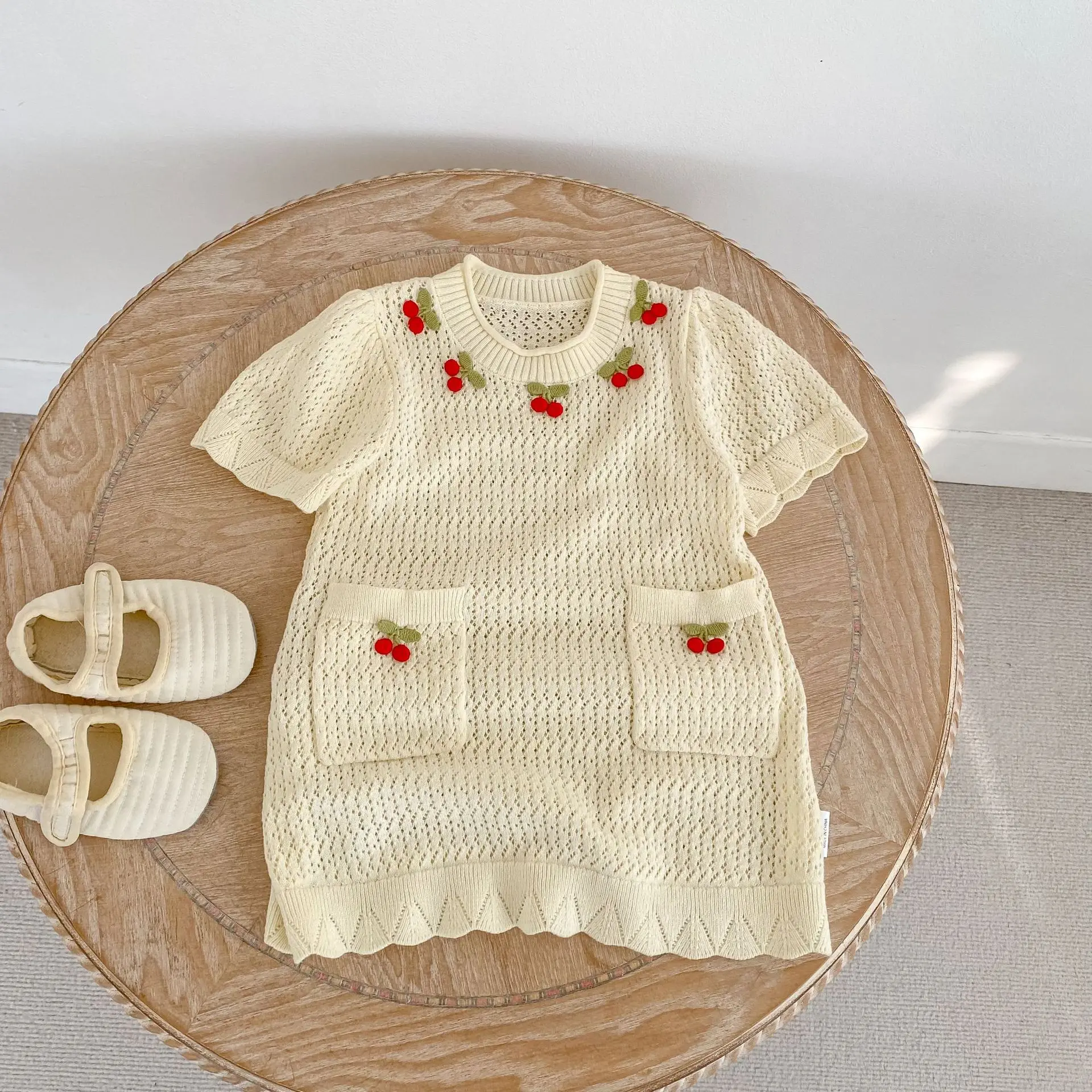 

2026 Summer New Girls Short Sleeve Knitted Dress Children Dress Baby Girl Thin Hollow Out Dress Cotton Yarn Kids Clothes
