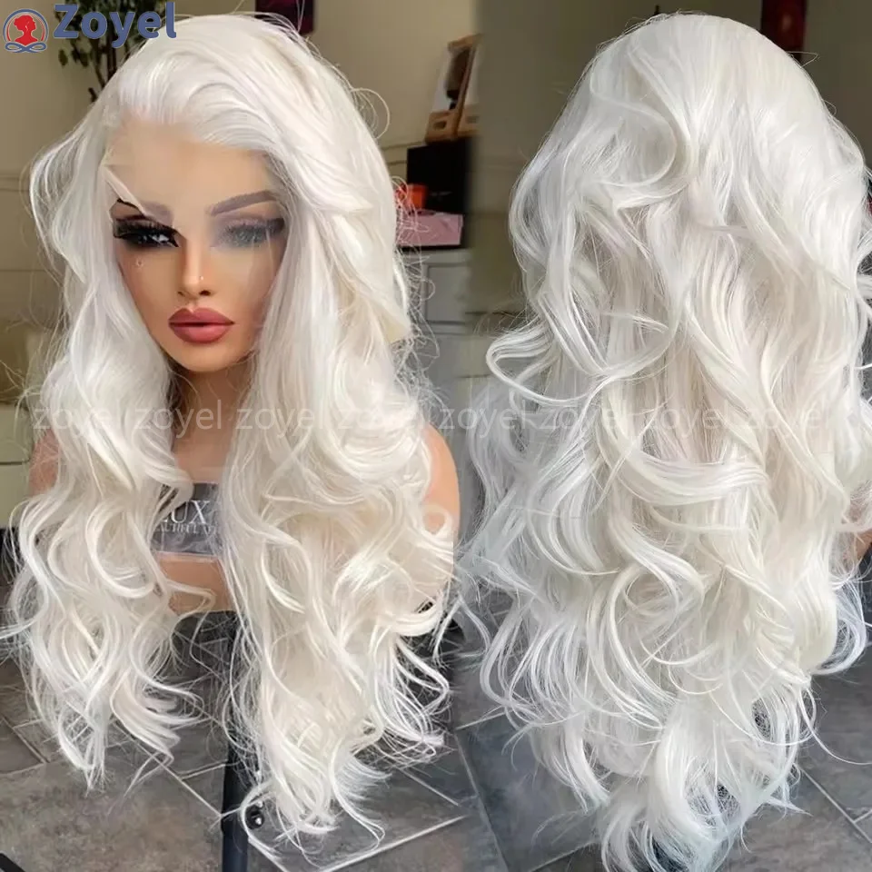 

13*4 свободные волны белый блондин синтетический парик шнурка длинные волнистые натуральные волосы кружевные передние парики женские косплей повседневное использование