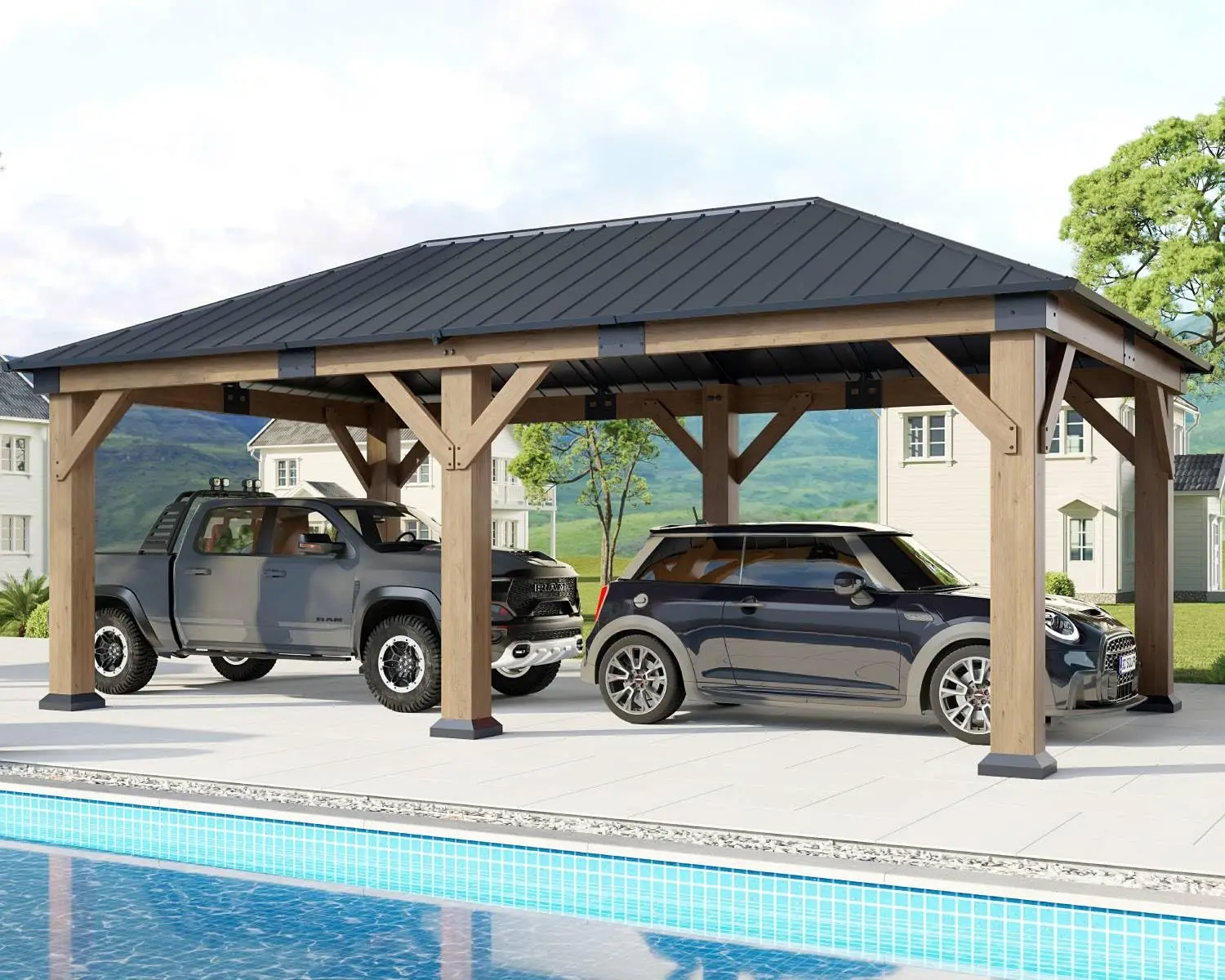 12x20 FT Outdoor Cedar Wood Carport for 2 Car, Customized
