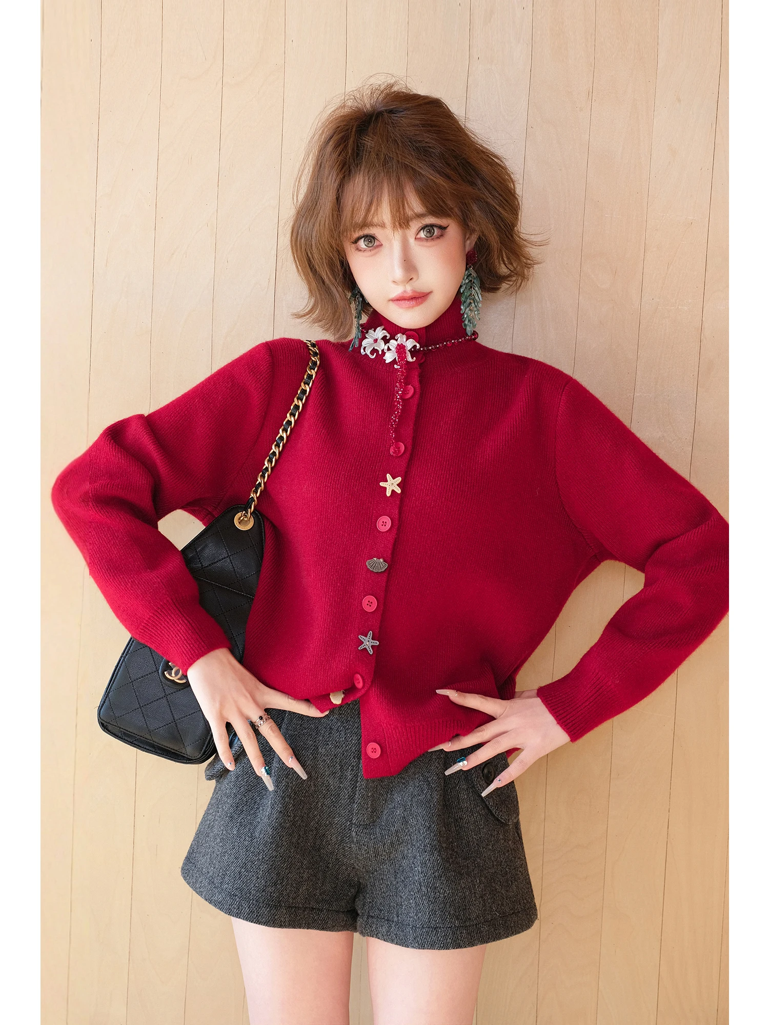 

Корейский вязаный кардиган MIUCO с высоким воротником, красный свитер, новогодний дизайн, модный женский топ