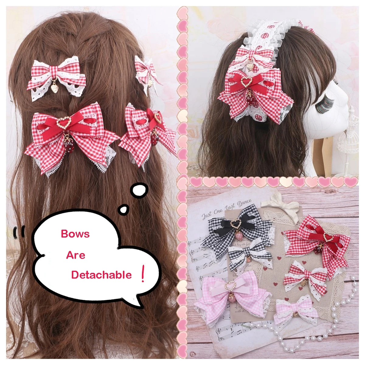 

Милая повязка на голову в стиле лолита с клубничным принтом, в японском стиле, со съемным клетчатым бантом, ручной работы, аксессуар для девочек в стиле Y2K