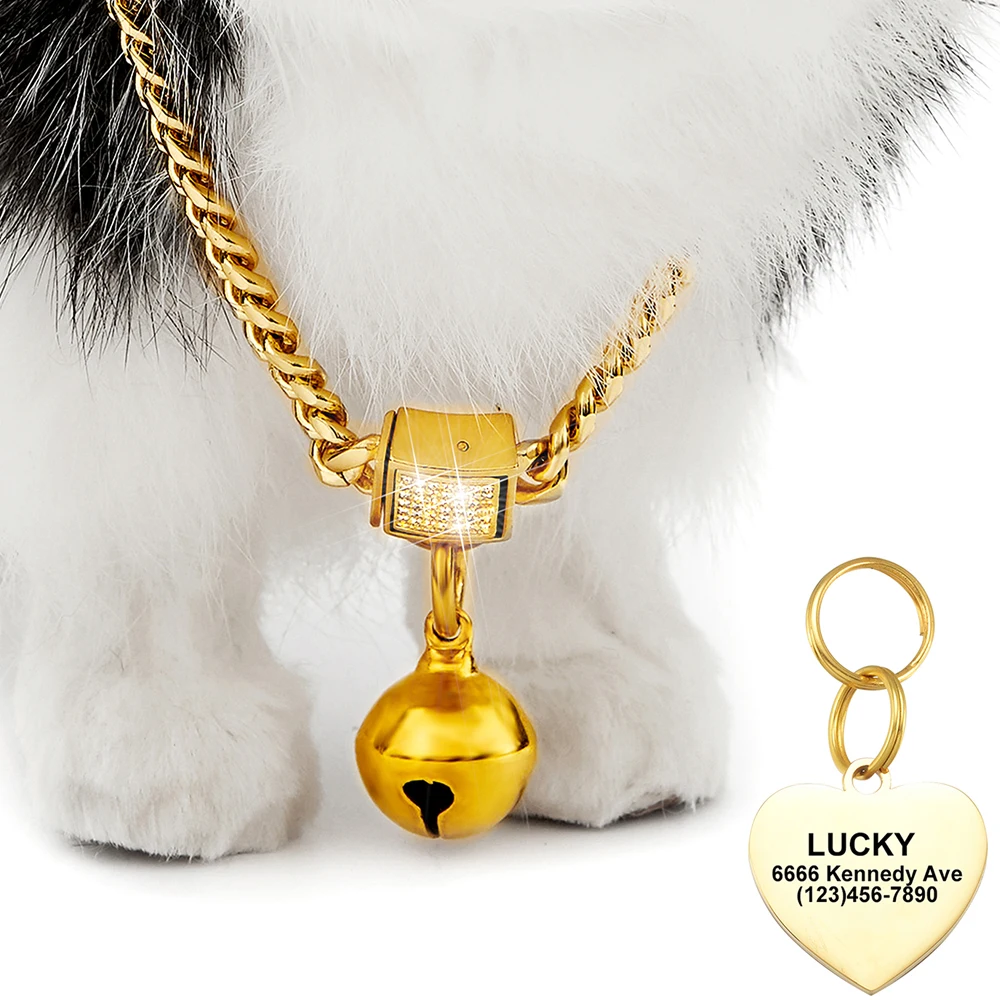 6mm Gold Color Stainless Steel Puppy Kitty Training  Cuban Link Durable Clasp Chain With Personalized Gold Collar Heart ID Tag