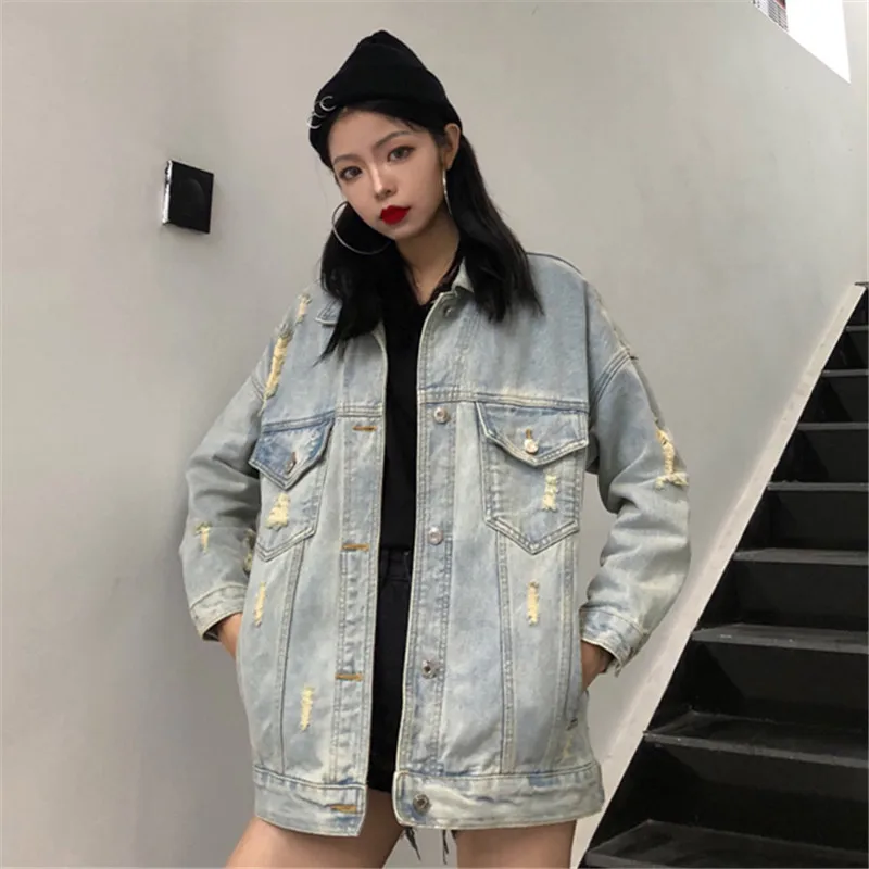 Holes Dinosaurs Cartoon Print Mid Long Loose Denim Jacket Female Coat Cowboy Women Vintage Streetwear Big Pocket Jeans Jackets