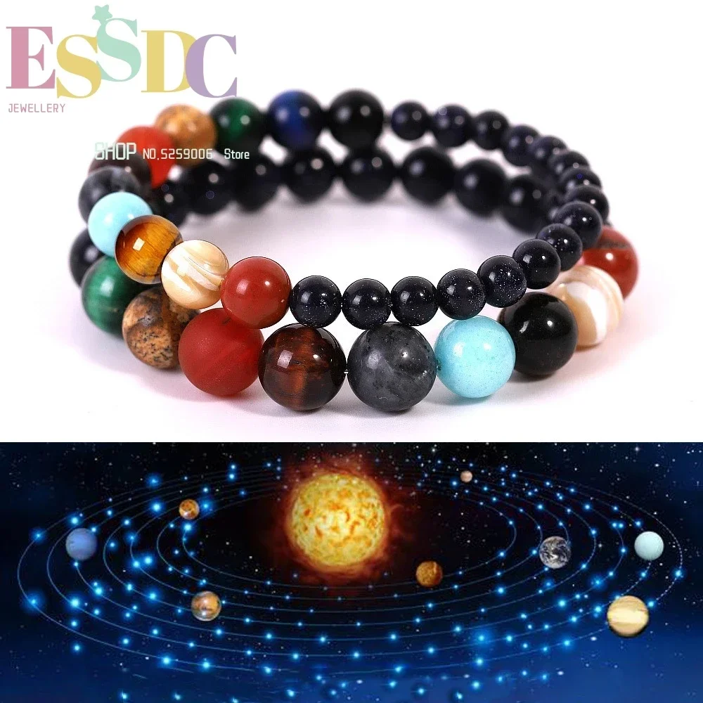 Handmade Universal Guardian Star Blue Sand Stone Eight Planets Bracelet Sky Starlight Galaxy  Men or Women Reiki Jewelry