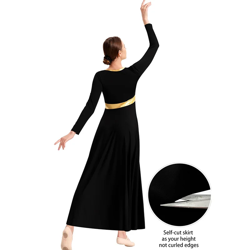 Women's Praise Dance Dress Long Sleeve Loose Fit Church Dancewear Metallic Full Length Liturgical Worship Costume Dance Dress
