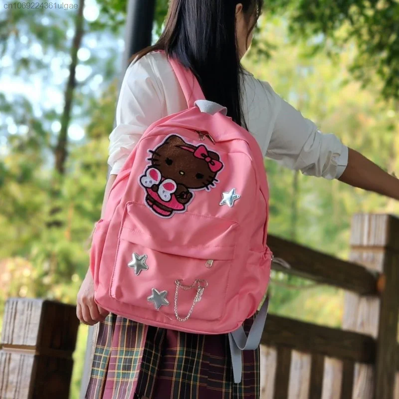 Sanrio Hello Kitty Millennium Girl Pink Silver Star Backpack Y2K Trendy Large Capacity Shoulder Bag Student Aesthetic Schoolbag