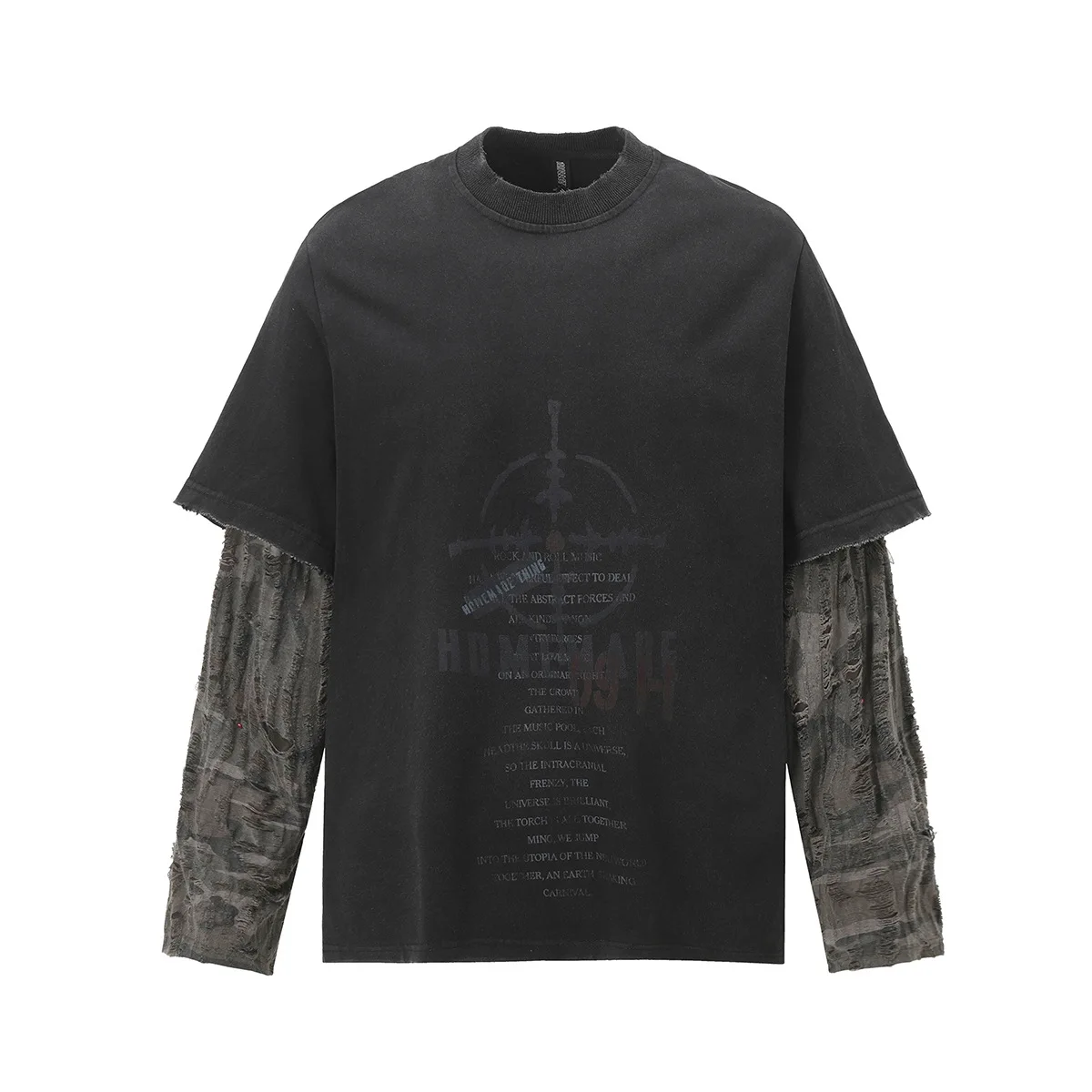 T-shirt Fake Double-wash Damaged Eroded Long-sleeved Fashionable Comfortable Cool Personality Spring Autumn New Unisex