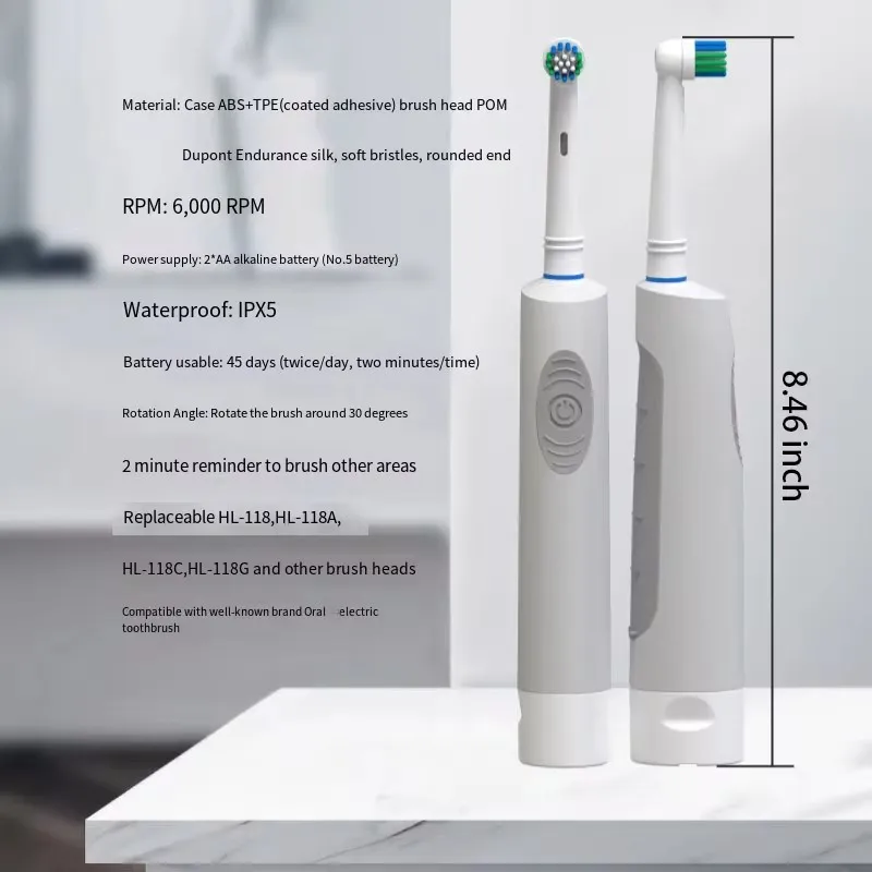 Electric Toothbrush Soft Bristle Rounded Vibrate 2-10pcs Heads Teeth Brush Gum Care Battery Power Teeth Whitening For Adults