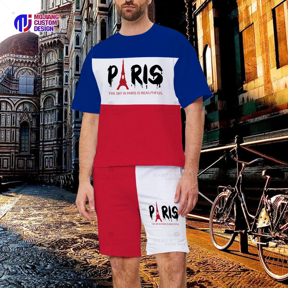 Eiffel Tower and Slogan Graphic Print Men's T-Shirts Graphic Summer Cotton Shorts High-end Graphic Hip Hop Tops Shirt Sets