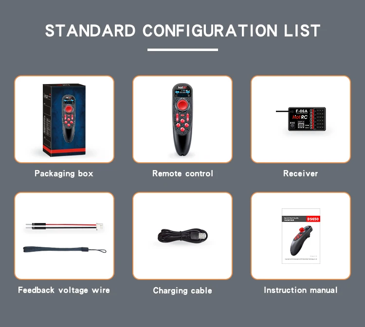 

HOTRC DS-650 6CH 2.4G Radio System Transmitter Color Screen with F-06A/F-06AT Voltage Return Receiver for RC Boat DS600 Upgrade