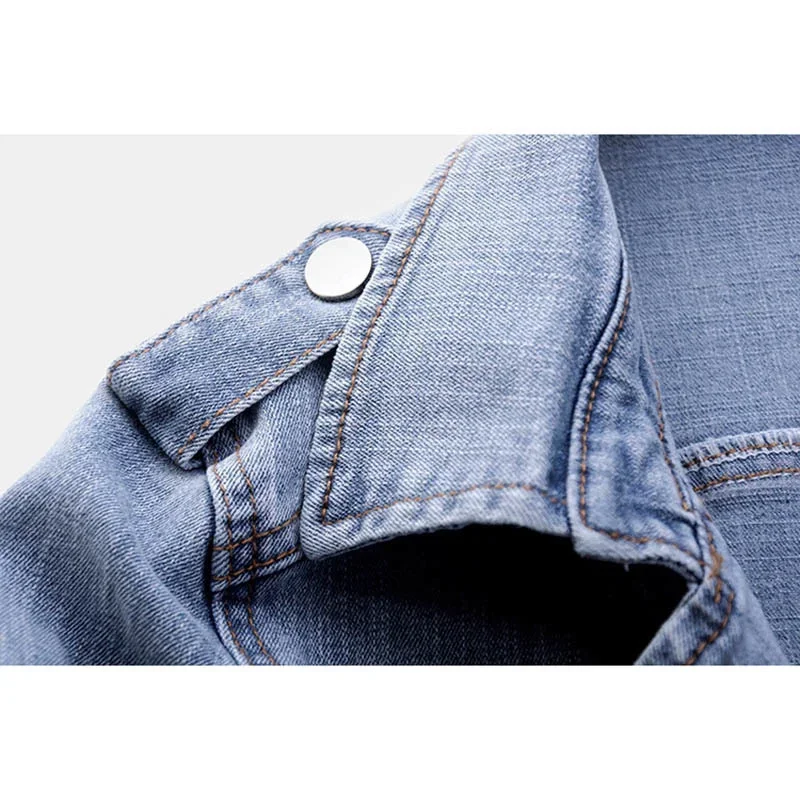 

Vintage Light Blue Elasticity Slim Denim Jacket Women Short Cowboy Outerwear Suit Collar Long Sleeve Jeans Jacket Coat Female
