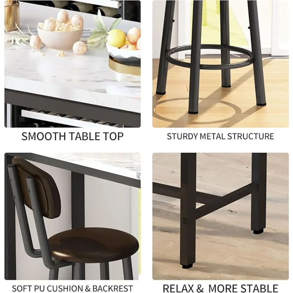 Conjunto de mesa de bar, incluindo tampo de mármore artificial de 2,39,3 polegadas e 2 bancos acolchoados em PU com encostos, conjunto de mesa de bar de 3 peças
