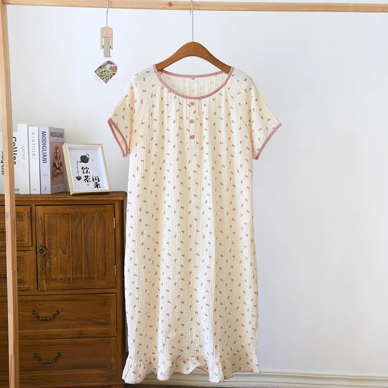 2024 New Summer Women\'s Sleeping Dress 100% Cotton Crepe Short Sleeve Large Size Loose Skirt Cute Thin Home Dress Nightgown